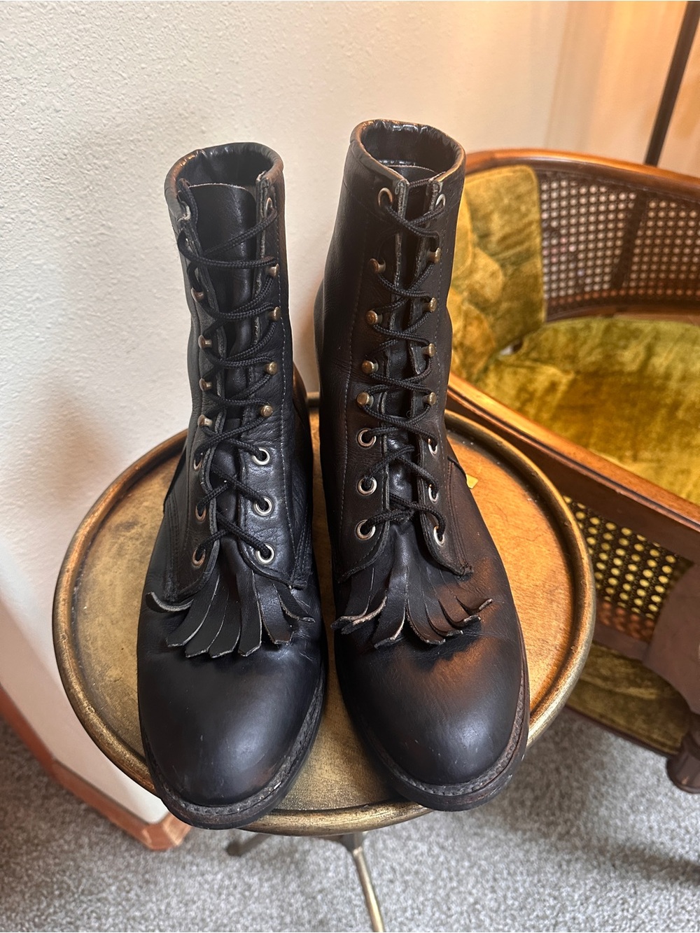Vintage Biltrite Women's Black Lace-Up Leather Ankle Boots with Fringe